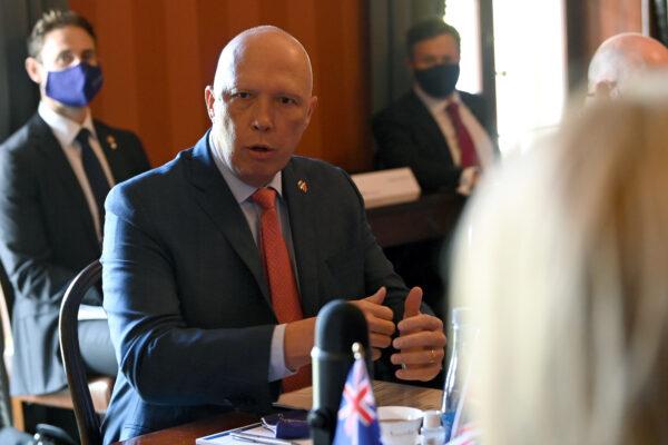  Australian Defence Minister Peter Dutton is seen during top of meeting remarks ahead of Australia-United Kingdom Ministerial Consultations (AUKMIN) talks at Admiralty House, in Sydney, Australia, on Jan. 21, 2022. (AAP Image/Bianca De Marchi)