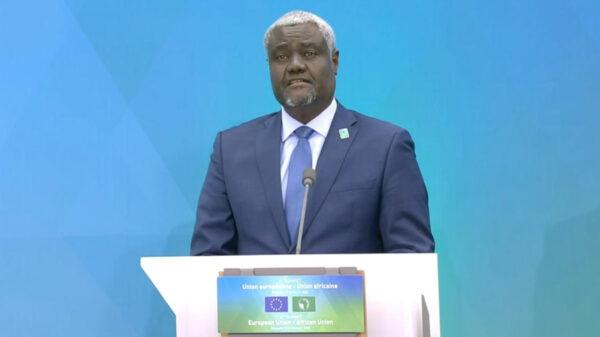 Moussa Faki Mahamat, chairman of the African Union Commission, in his address at the Sixth Africa–European Union Summit. (Courtesy of AU web page)