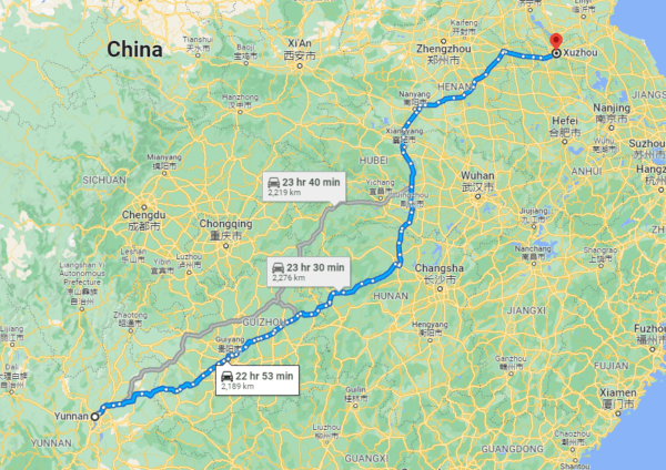 A screenshot from Google Maps, taken on Feb. 22, 2022, shows the distance between Yunnan and Jiangsu. (Screenshot via The Epoch Times)