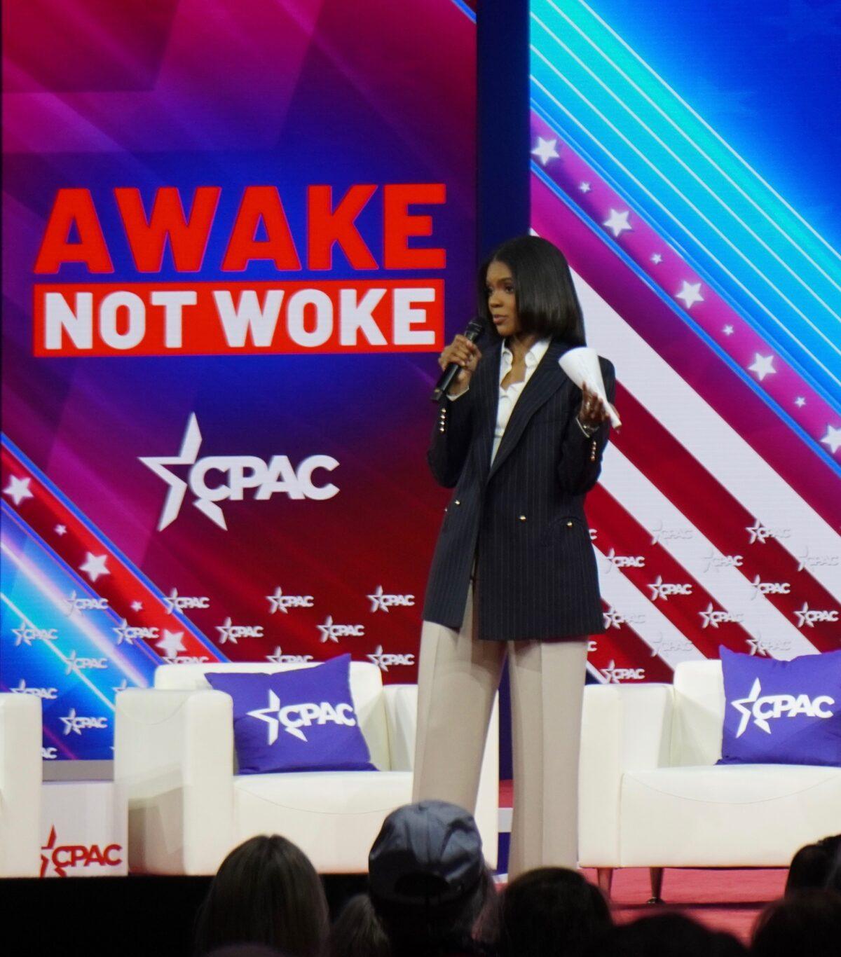 Political commentator Candace Owens leads a panel discussion on "Pupil Propaganda" at CPAC 2022 on Feb. 25 in Orlando. (Natasha Holt/The Epoch Times)