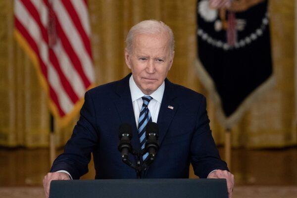 U.S. President Joe Biden makes a statement from the East Room of the White House about Russia's invasion of Ukraine in Washington, on Feb. 24, 2022. (Brendan Smialowski/AFP via Getty Images)