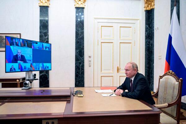Russian President Vladimir Putin chairs a Security Council meeting via videoconference in Moscow, Russia, on Feb. 25, 2022. (Alexei Nikolsky, Sputnik, Kremlin Pool Photo via AP)