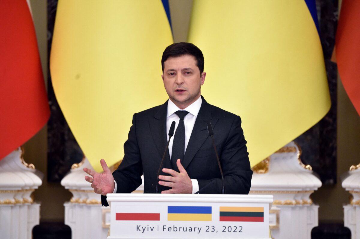 Ukrainian President Volodymyr Zelensky attends a joint press conference with his counterparts from Lithuania and Poland following their talks in Kyiv on Feb. 23, 2022. (Sergei Supinsky/AFP via Getty Images)