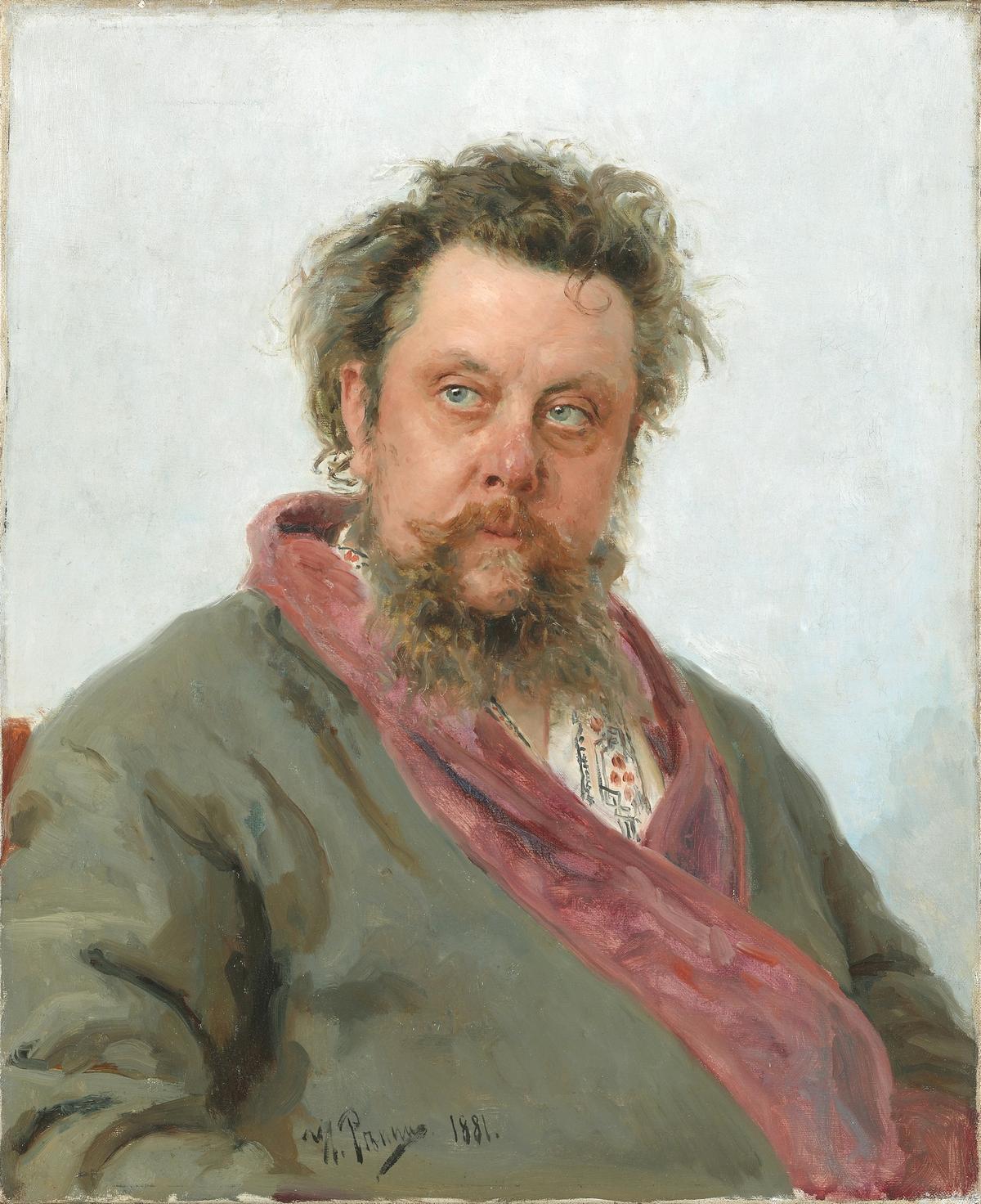 Portrait of the composer Modest Petrovich Mussorgsky, circa 1881, by Ilya Repin. Oil on canvas; 28.2 inches by 23 inches. Tretyakov Gallery in Moscow. (Public Domain)
