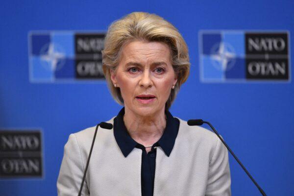 European Commission President Ursula von der Leyen gives a press conference on Russia's military operation in Ukraine after talks with the president of the European Council and NATO's secretary general at NATO headquarters in Brussels on Feb. 24, 2022. (John Thys/AFP via Getty Images)