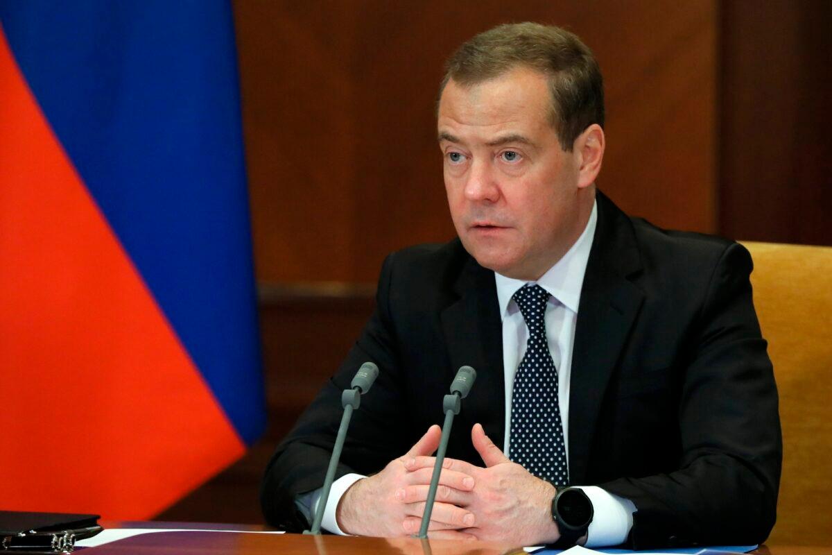 Former Russian President and current Security Council Deputy Chairman Dmitry Medvedev speaks at a meeting in Moscow, Russia, on Feb. 22, 2022. (Yekaterina Shtukina/Sputnik, Government Pool Photo via AP)