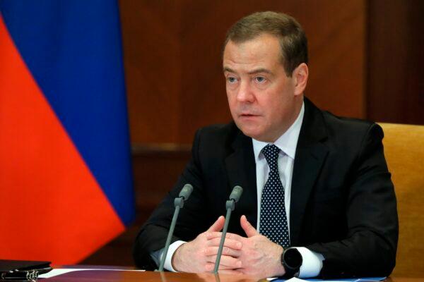 Former Russian president and current Security Council deputy chairman Dmitry Medvedev speaks at a meeting in Moscow, Russia, on Feb. 22, 2022. (Yekaterina Shtukina/Sputnik, Government Pool via AP)
