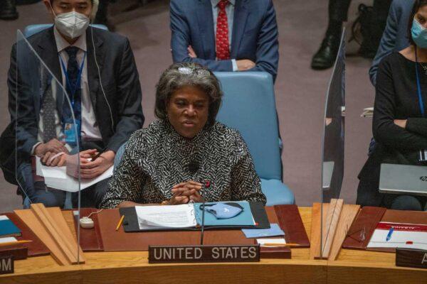 Linda Thomas-Greenfield, U.S. ambassador to the United Nations, speaks at a Security Council meeting at UN headquarters in New York on Feb. 25, 2022. (David Dee Delgado/Getty Images)