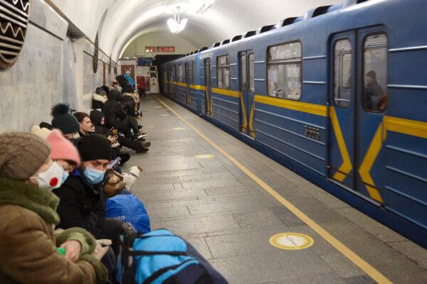 People are taking shelter for bombings in an underground station in Kyiv, Ukraine, on Feb. 25, 2022. (Pierre Crom/Getty Images)