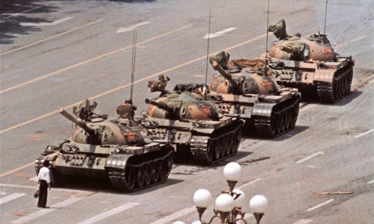 Photographer Jeff Widener's iconic Tank Man shot, in Tiananmen Square, China, on June 5, 1989. (Jeff Weidner)