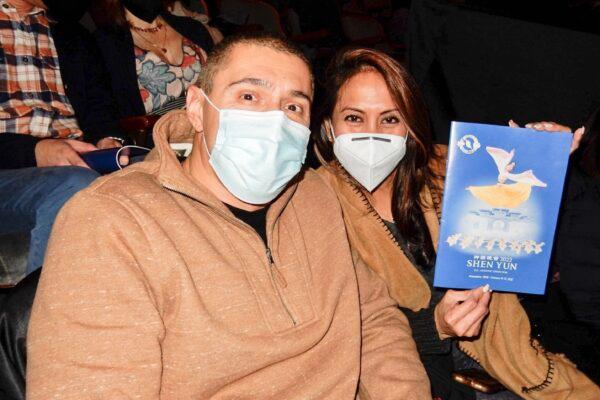 Michael Danniballe, a director of operations for a manufacturing company, with his wife, Helen Cepeda, a cardiac sonographer, at Shen Yun Performing Arts on Feb. 26, 2022. (William Huang/The Epoch Times(