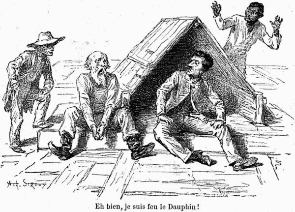 (L–R) Huck, the Lost Dauphin (as he calls himself), the Duke, and Jim, as illustrated by Achille Sirouy. (Public Domain)