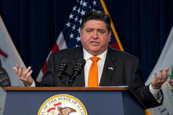 Illinois Gov. J.B. Pritzker gives a COVID-19 update in the Blue Room at the Thompson Center in Chicago on Feb. 9, 2022. (Tyler LaRiviere/Chicago Sun-Times via AP)