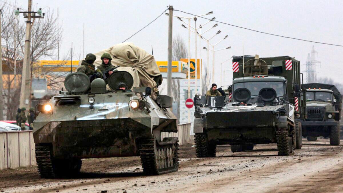 Russian army military vehicles are seen in Armyansk, Crimea, on Feb. 25, 2022. (Stringer/AFP via Getty Images)