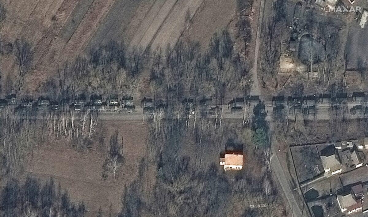 A satellite image shows Russian ground forces northeast of Ivankiv heading in the direction of Kyiv, Ukraine, on Feb. 27, 2022. (Satellite image ©2022 Maxar Technologies/Handout via Reuters)
