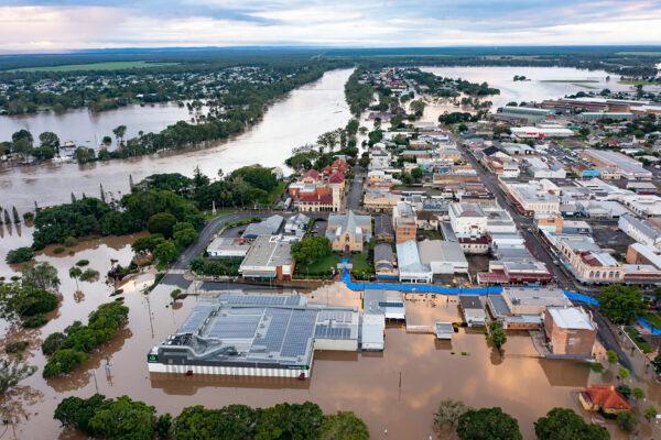 Water floods streets and houses in Maryborough, Australia, on Feb. 28, 2022. (Queensland Fire and Emergency Services via AP)