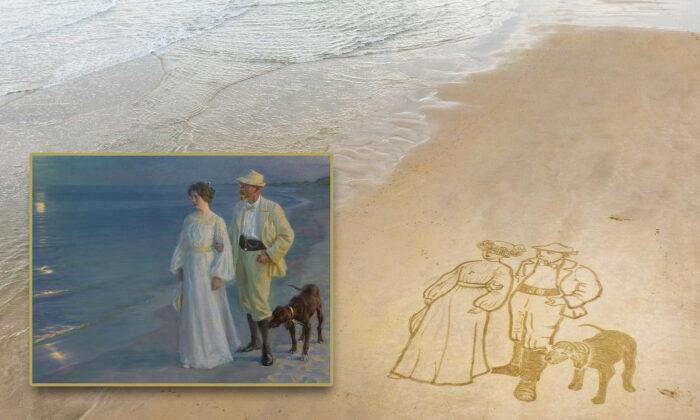 UK Artist Swaps Paint Brush for a Garden Rake to Re-create a Giant Version of Famous Painting on Sandy Beach