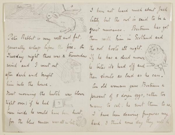Picture letter to Walter Gaddum about rabbit, owl, and squirrel, by Beatrix Potter. March 6, 1897. Leslie Linder bequest, Victoria and Albert Museum, London. (Victoria and Albert Museum, London)