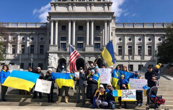Ukrainian war protest on the steps of the Pennsylvania State Capitol building, Harrisburg, Penn., on Feb. 26, 2022. (Photo provided)