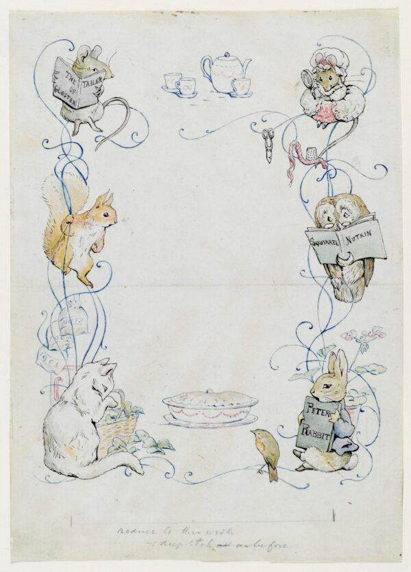 "The Tailor of Gloucester" endpaper, Dec. 1903, by Beatrix Potter. Watercolor, ink, and pencil on paper. Leslie Linder bequest, Victoria and Albert Museum, London. (Victoria and Albert Museum, London/Courtesy of Frederick Warne & Co. Ltd.)