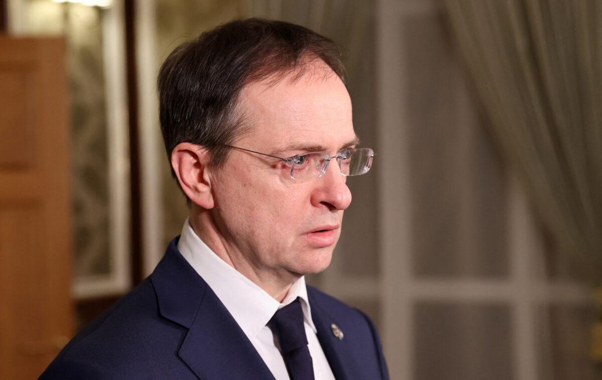 Head of the Russian delegation, Vladimir Medinsky, speaks to the media after talks between delegations from Ukraine and Russia in Belarus's Gomel region, on Feb. 28, 2022. (Sergei Kholodilin/AFP via Getty Images)