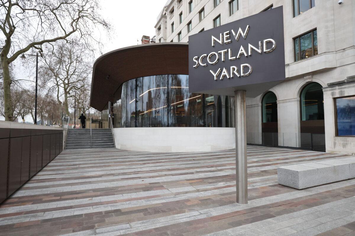 New Scotland Yard, the headquarters of the Metropolitan Police Service, in London on Feb. 9, 2022. (James Manning/PA)