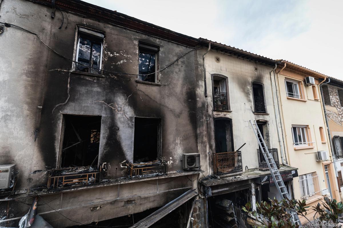 Apartment buildings after a fire broke in Saint-Laurent-de-la-Salanque, southern France, on Feb.14, 2022. (SDIS66 via AP)