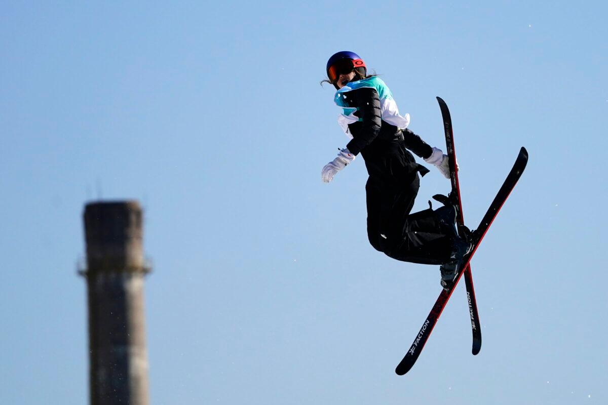Eileen Gu, of China, competes during the women's freestyle skiing big air finals of the 2022 Winter Olympics, in Beijing, on Feb. 8, 2022. (Matt Slocum/AP Photo)