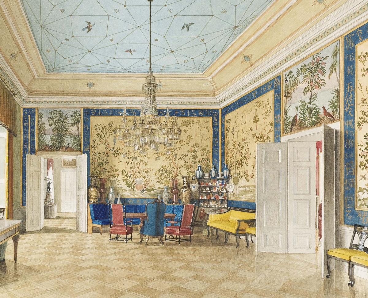 This watercolor, painted in 1850, illustrates the Chinoiserie wallcoverings in the Chinese Room of the Royal Palace of Berlin. The first Chinese wallcoverings arrived in London for sale in the late 17th century through China’s trade with Britain’s East India Company. These hand-painted wallpapers with their Chinese motifs and techniques were made in China exclusively for export and were more expensive than those produced in Europe at the time. Custom orders from China could take 18 months or more to fulfill. (Public Domain)