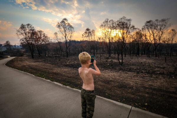 Young boy taking photos of the aftermath of the 2019-2020 Black Summer bushfires in New South Wales, Australia. (Caseyjadew/Adobe Stock)