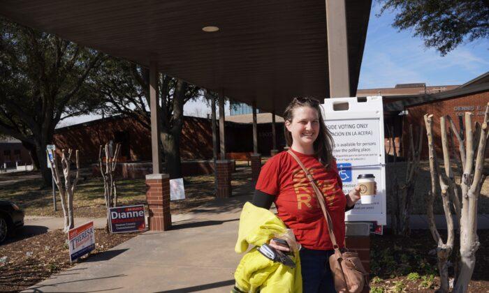 Chelsea Rachel, 32, specifically came to the polls to vote against Greg Abbott on primary day March 1, 2022. Pro-Choice issues were a main concern for her. (Patrick Butler/The Epoch Times)