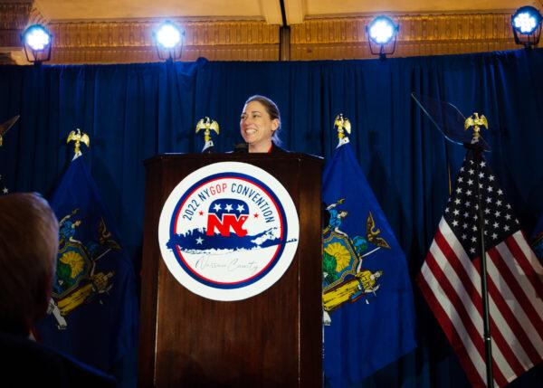 Alison Esposito all smiles as she accepts the nomination for lieutenant governor at the New York State Republican Convention in Garden City, New York, on March 1, 2022. (Dave Paone/The Epoch Times)