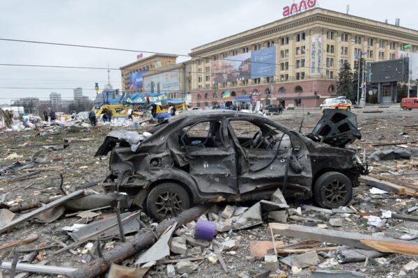 A view of the square outside the damaged local city hall of Kharkiv on March 1, 2022, destroyed as a result of Russian troop shelling. (Sergey Bobok/AFP via Getty Images)