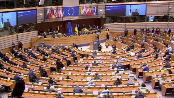Emergency session of European parliament in progress in Brussels, Belgium, on march 1, 2022. (European Union/Screenshot via The Epoch Times)