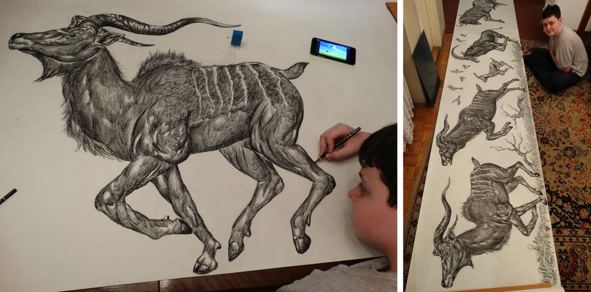  At age 13, Dušan Krtolica dreamt of a herd of antelope, which he transferred onto a super-sized roll of paper. (Courtesy of <a href="https://www.facebook.com/Du%C5%A1an-Krtolica-DinoBoy-1385486281748877">Dušan Krtolica</a>)