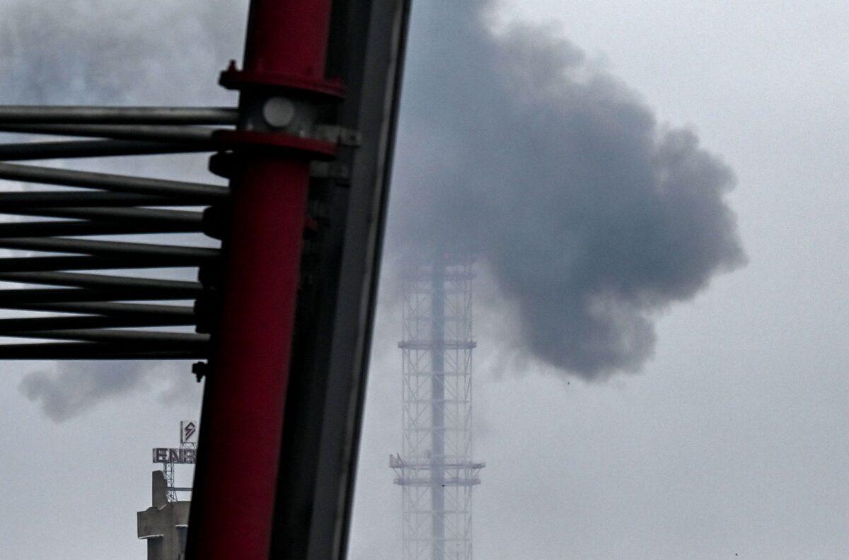 Smoke billows over Kyiv after a missile attack targeting the Ukrainian capital's television tower in Kyiv, Ukraine on March 1, 2022. (Aris Messinis/AFP via Getty Images)