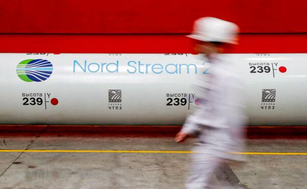 The logo of the Nord Stream 2 gas pipeline project is seen on a pipe at the Chelyabinsk pipe rolling plant in Chelyabinsk, Russia, on Feb. 26, 2020. (Maxim Shemetov/Reuters)