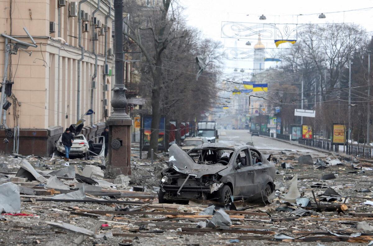 A view shows the area near the regional administration building, which city officials said was hit by a missile attack, in central Kharkiv, Ukraine, on March 1, 2022. (Vyacheslav Madiyevskyy/Reuters)