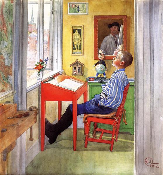 "Esbjorn Doing His Homework," 1910, by Carl Larsson. Watercolor on paper. Private collection. (Public Domain)