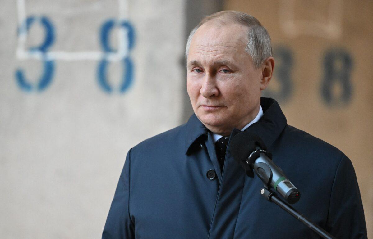 Russian President Vladimir Putin visits a site in Moscow, Russia on Feb. 27, 2022. (Sergei Guneyev/AFP via Getty Images)
