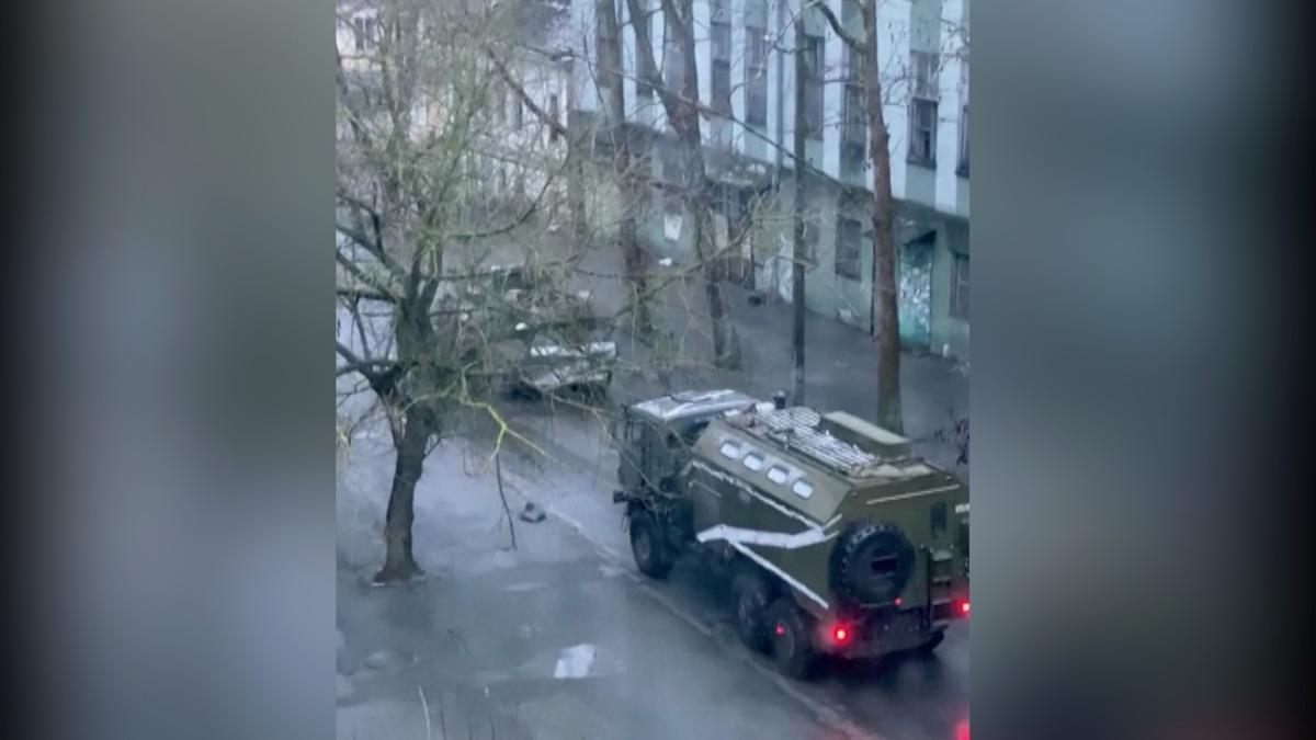 Military vehicles in a street in Kherson, Ukraine, on March 1, 2022. (Reuters/Screenshot via The Epoch Times)