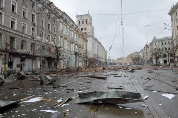 Damage after shelling in Constitution Square in Kharkiv, Ukraine's second-biggest city, on March 2, 2022. (Sergey Bobok / AFP via Getty Images)