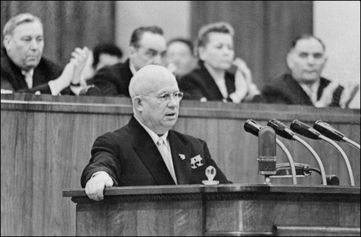 Nikita Sergeyevich Khrushchev addresses Moscow's 21st Soviet Communist Party in February 1959. Khrushchev became the first secretary of the Party on the death of Joseph Stalin and was deposed in 1964, replaced by Brezhnev and Kosygin and went into retirement. (AFP via Getty Images)