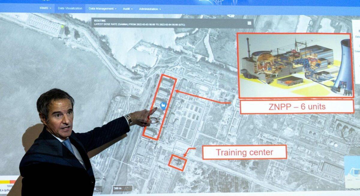 Rafael Grossi, Director General of the International Atomic Energy Agency (IAEA), points on a map of the Ukrainian Zaporizhzhia nuclear power plant in Vienna, Austria on March 4, 2022. (JOE KLAMAR/AFP via Getty Images)