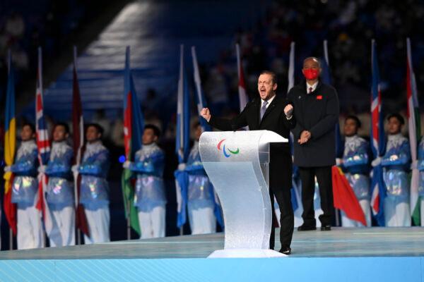 Andrew Parsons, President of IPC makes a speech during the Opening Ceremony of the Beijing 2022 Winter Paralympics at the Beijing National Stadium, in Beijing, on March 4, 2022. (Zhe Ji/Getty Images for International Paralympic Committee)