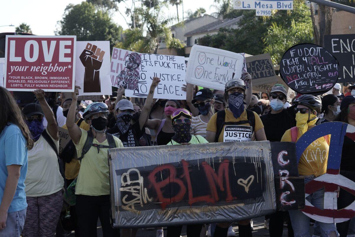 Black Lives Matter demonstrators gather to protest in La Mesa, Calif., on Aug. 1, 2020. (Bing Guan/AFP via Getty Images)