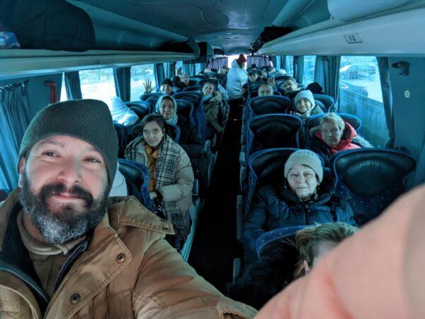 Bryan Stern, co-founder of Project Dynamo, sits on a bus with American citizens and others preparing to start their journey as part of the rescue operation called Project Dynamo, launched as the war began in Ukraine on Feb. 16, 2022. (Courtesy of James Judge, Operation Dynamo)