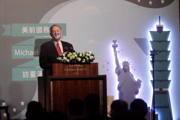 Former U.S. Secretary of State Mike Pompeo delivers a speech during his four-day trip to Taiwan, in Taipei, on March 4, 2022. (Chiang Ying-ying/AP Photo)