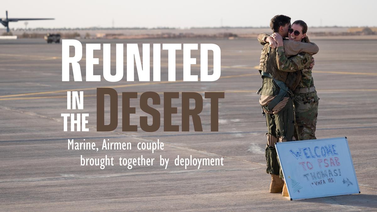The couple embrace at their reunion on the flight line of Prince Sultan Air Base, Kingdom of Saudi Arabia, on Dec. 23, 2021. (Courtesy of <a href="https://www.dvidshub.net/image/7031023/reunited-desert-marine-airmen-couple-brought-together-deployment">Senior Airman Jacob B. Wrightsman/U.S. Air Force</a>)