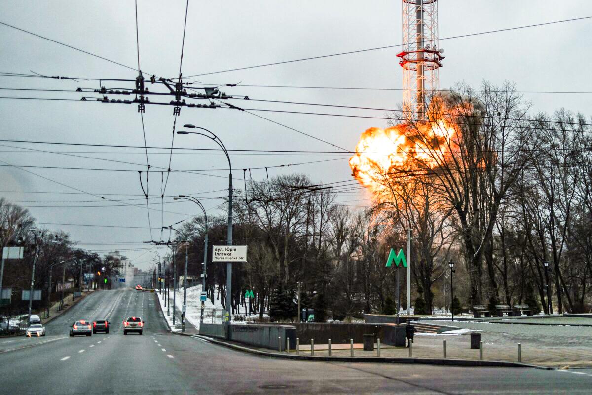 A blast is seen in the TV tower, amid Russia's invasion of Ukraine, in Kiev, Ukraine, on March 1, 2022. (Carlos Barria/Reuters)